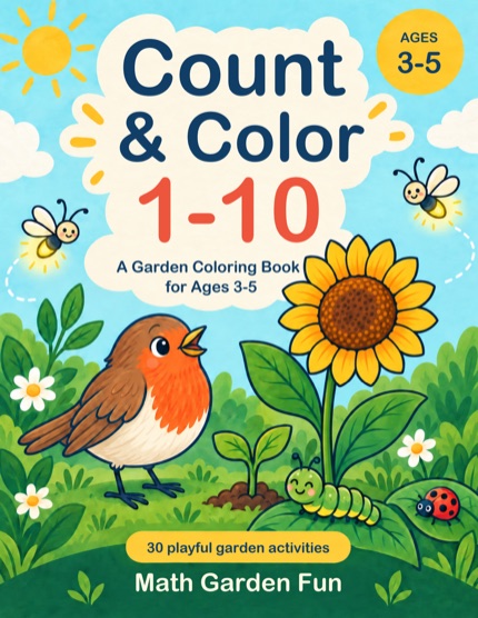 Count & Color 1–10 cover with a robin, sunflower, caterpillar, ladybug, and bees in a bright garden