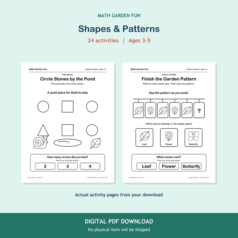 Two real Shapes & Patterns printable activity pages with garden-themed shape and pattern prompts